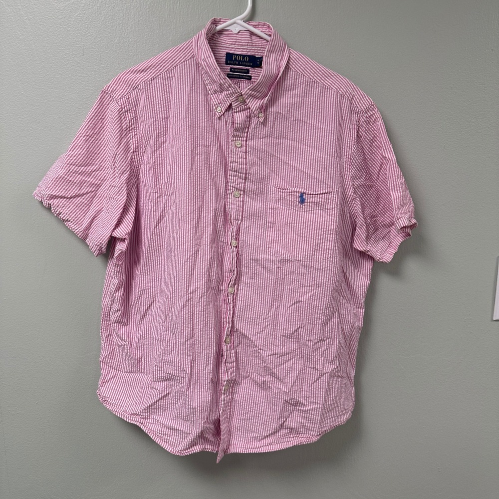 Polo Ralph Lauren Mens XL Seersucker Shirt Pink White Stripe Untucked Fit Pony